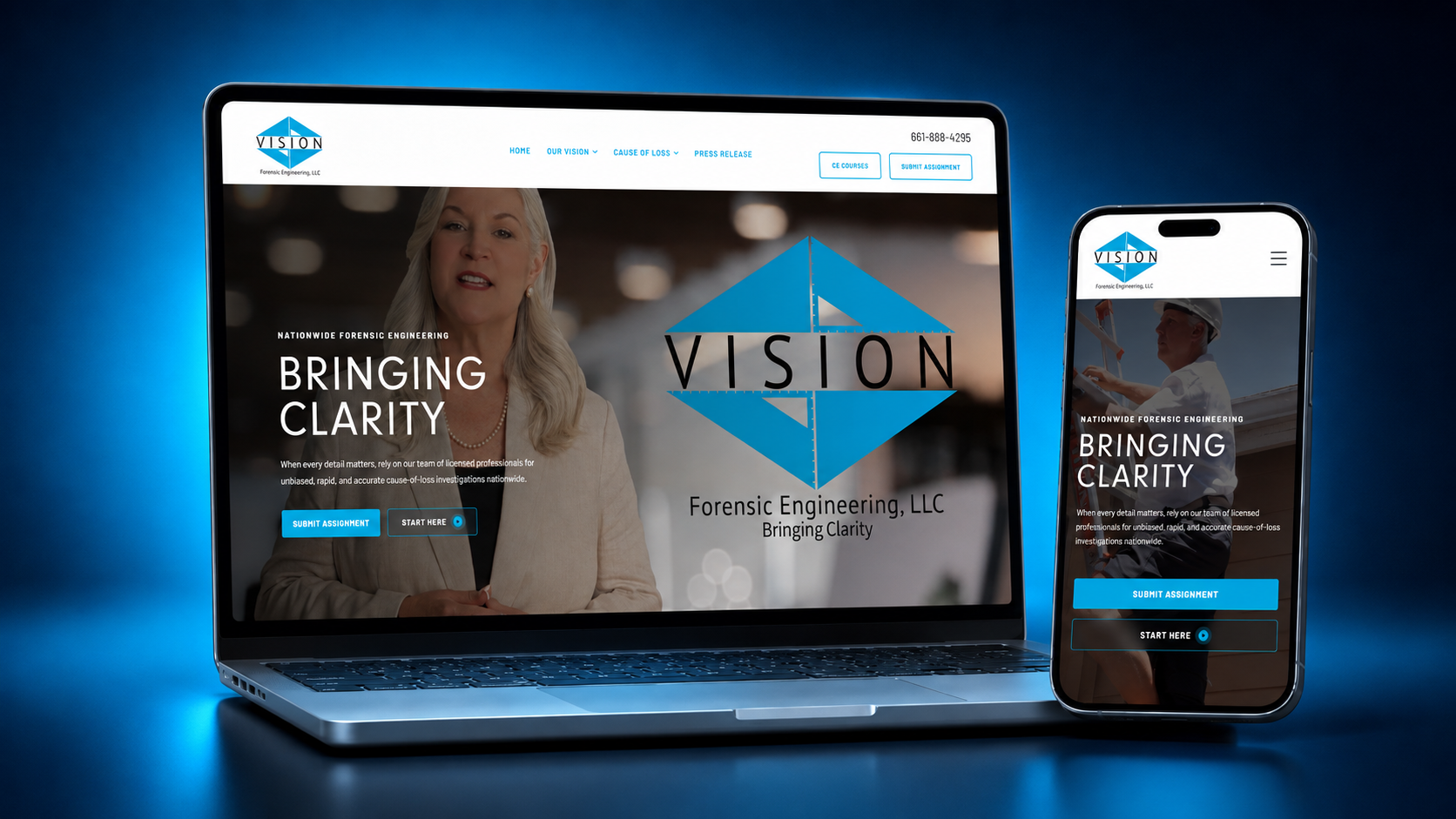 Vision Forensic Engineering website shown on laptop and mobile devices