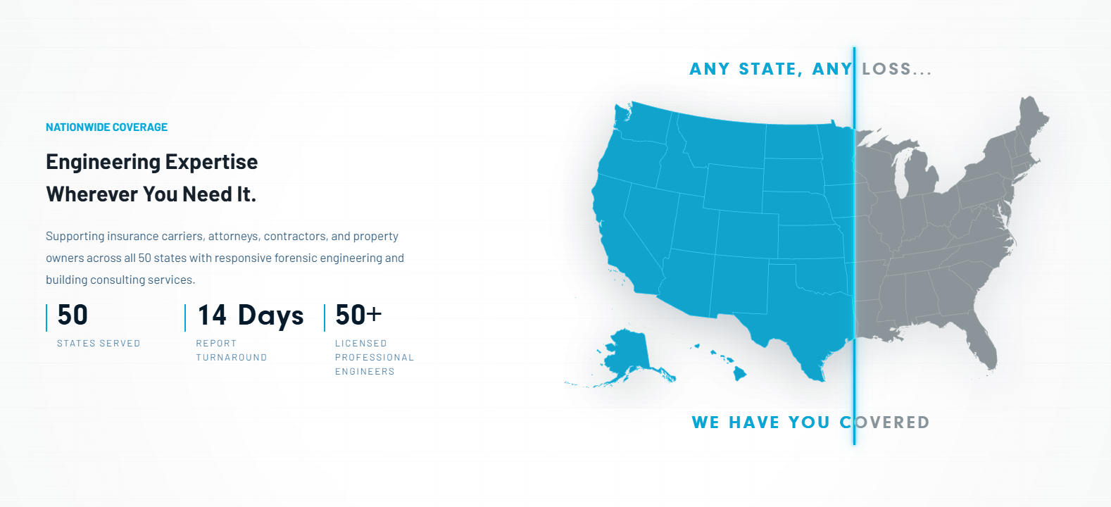 Vision's nationwide coverage section showing all 50 states, 14-day report turnaround, and 50-plus licensed professional engineers